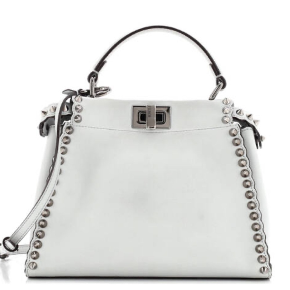 Fendi Peekaboo Mini Light Blue Studded Leather Two Way Top Handle Bag